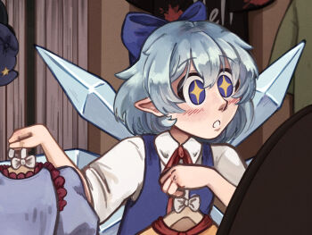 +_+ 1girl :o blue_bow blue_eyes bow cirno clothes_hanger commentary drawingcrows dress english_commentary grey_hair hair_bow holding holding_clothes_hanger ice ice_wings indoors looking_at_mirror mirror pointy_ears short_hair short_sleeves touhou upper_body wings