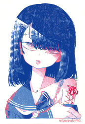 Rule 34 | 1girl, absurdres, asymmetrical bangs, blue eyes, blue hair, blue sailor collar, blue shirt, bra, bra strap, clothes pull, corset piercing, cropped torso, eyebrow piercing, head tilt, highres, lace, lace bra, limited palette, long sleeves, looking at viewer, medium hair, mizuinokima, neck piercing, neckerchief, original, piercing, pink eyes, pulled by self, sailor collar, school uniform, serafuku, shirt, simple background, single bare shoulder, solo, tongue, tongue out, tongue piercing, traditional media, two-tone eyes, underwear, upper body, white background, white neckerchief