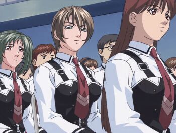 00s 2002 6+boys 6+girls animated animated_gif bible_black bible_black_gaiden bow bowtie breasts brown_hair green_eyes green_hair large_breasts morita_rie multiple_boys multiple_girls necktie purple_eyes red_hair school school_assembly school_hall school_uniform shido_saki shirt shirts short_hair sitting tagme takashiro_hiroko twintails white_shirt