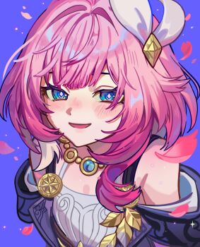 Rule 34 | 1girl, bare shoulders, blue background, blue eyes, breasts, coat, commentary request, cyrene (aedes elysiae) (honkai: star rail), cyrene (honkai: star rail), dress, falling petals, hair ornament, haru4aki, highres, honkai: star rail, honkai (series), looking at viewer, multicolored hair, petals, pink hair, purple coat, short hair, small breasts, smile, solo, two-tone hair, white dress, white hair