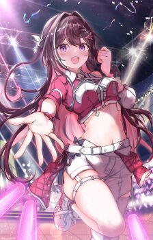 1girl absurdres asymmetrical_clothes azki_(hololive) belt blush braid breasts brown_hair center_frills collared_shirt colored_inner_hair commentary_request cropped_shirt dancing detached_sleeves double-parted_bangs frills from-moon glowstick hair_intakes hair_ornament hairclip half_up_half_down_braid highres hololive hololive_idol_uniform_(color_rise) idol idol_clothes long_hair looking_at_viewer medium_breasts mole mole_under_eye multicolored_hair multicolored_shirt offering_hand official_alternate_costume open_mouth overskirt pants pink_hair pink_overskirt pink_shirt ponytail purple_eyes reaching reaching_towards_viewer shirt shoes short_ponytail single_detached_sleeve single_pantsleg single_sleeve smile sneakers solo stage stage_lights standing standing_on_one_leg streaked_hair thigh_strap very_long_hair virtual_youtuber white_belt white_hair white_pants white_shirt white_shoes