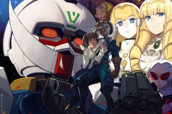Rule 34 | 3boys, 3girls, belt, big hair, blonde hair, blue eyes, blue lips, blue overalls, boa (brianoa), brown eyes, brown hair, closed mouth, commentary, dark-skinned male, dark skin, dianna soreil, drill hair, gloves, grey hair, gundam, harry ord, highres, kihel heim, lipstick, long hair, long sleeves, look-alike, looking at viewer, loran cehack, makeup, mecha, mobile suit, multiple boys, multiple girls, open mouth, overalls, robot, short hair, sochie heim, sunglasses, turn a gundam, turn a gundam (mobile suit), twitter username, untranslatable commentary, v-fin, white hair