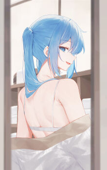 1girl absurdres arahashi_tabi bare_shoulders blue_eyes blue_hair from_behind highres huhi_(huhi_1211) indoors long_hair looking_at_viewer looking_back open_clothes open_mouth smile solo stellive twintails virtual_youtuber