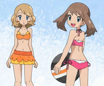 2girls amayzing2002 ball bikini blonde_hair blue_eyes breasts brown_hair commentary earrings english_commentary frilled_bikini frills highres holding holding_ball jewelry looking_at_viewer may_(pokemon) medium_hair multiple_girls nintendo open_mouth pokemon pokemon_(anime) pokemon_journeys serena_(pokemon) simple_background smile string_bikini swimsuit