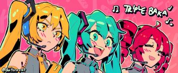 3girls :< :d ahoge akita_neru aqua_eyes aqua_hair artist_name bare_shoulders blonde_hair blush cellphone collared_shirt commentary datcravat detached_sleeves drill_hair english_commentary english_text flip_phone hair_between_eyes hatsune_miku headset highres kasane_teto kasane_teto_(utau) long_hair multiple_girls musical_note necktie open_mouth phone pink_background red_hair shirt side_ponytail simple_background sleeveless sleeveless_shirt smile song_name teeth triple_baka_(vocaloid) twin_drills twintails upper_teeth_only utau v-shaped_eyebrows vocaloid yellow_eyes yellow_necktie