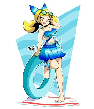 1girl absurdres bare_shoulders beach_towel bikini blonde_hair blue_bikini bow breasts cleavage eyelashes feet innertube frilled_skirt frills hair_bow hand_on_own_face hand_up highres innertube leaning_on_object leg_up medium_breasts navel open_mouth patterned_clothing red_eyes rotze sash shantae_(series) short_hair sidelocks simple_background skirt solo sunglasses_on_head swim_ring swimsuit toes towel twintails twitch_(shantae) wayforward wide_hips