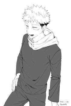 1boy cowboy_shot dated greyscale hand_on_own_hip highres hood itadori_yuuji jujutsu_kaisen jujutsu_tech_uniform long_sleeves male_focus mawaru_(ajan) monochrome short_hair simple_background solo twitter_username undercut white_background