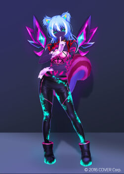 1girl animal_ears ayunda_risu bare_shoulders black_gloves black_pants breasts brown_tail cosplay fingerless_gloves full_body gloves glowing glowing_clothes glowing_hair green_eyes green_hair hair_ornament hairclip hand_up hololive hololive_indonesia k/da_(league_of_legends) k/da_kai&#039;sa kai&#039;sa kai&#039;sa_(cosplay) long_hair looking_at_viewer medium_breasts multicolored_hair pants pink_tail re_(re_09) road shoes smile solo squirrel_ears squirrel_girl squirrel_tail street tail tattoo teeth two-tone_tail ultraviolet_light virtual_youtuber