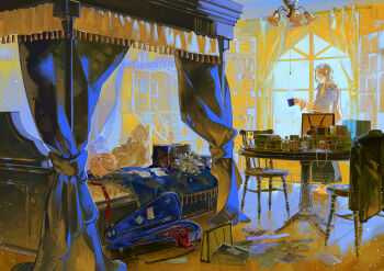 absurdres bag bed bed_frame bed_sheet book bookshelf canopy_bed chair commentary cup curtains frilled_shirt frills from_side glass_bottle grey_hair highres holding holding_cup indoors instrument jewelry kikiccree light_particles long_sleeves lying medium_hair messy_room on_back original palace paper papers_on_floor profile reading shelf shirt shopping_bag standing symbol-only_commentary table violin weapon_case white_shirt window