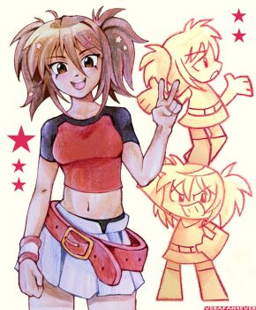 1girl belt brown_eyes brown_hair caramella_girls chibi commentary cowboy_shot dark-skinned_female dark_skin english_commentary highres midriff multiple_views navel open_mouth pleated_skirt red_belt red_shirt shirt short_twintails skirt smile standing star_(symbol) traditional_media twintails vera_(caramella_girls) verafan4ever white_skirt