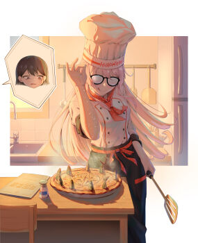 2girls absurdres anglediana bang_dream! bang_dream!_it's_mygo!!!!! black_hair breasts chef_hat chihaya_anon food glasses hat highres kitchen long_hair medium_breasts meme multiple_girls pink_hair purple_eyes salt_bae_(meme) salt_shaker sardine shiina_taki spatula table white_background