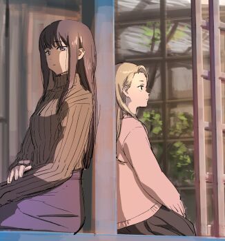 2girls black_skirt blonde_hair brown_sweater dusk gujou_kanade highres kamiina_botan_yoeru_sugata_wa_yuri_no_hana kitamori_yaeka long_hair multiple_girls nazo_no_anime-dan outdoors pink_sweater purple_eyes purple_hair purple_skirt sitting skirt sweater