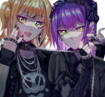 2girls alternate_costume black_gloves black_jacket black_nails black_shirt blonde_hair blunt_bangs chain chain_leash collar collarbone ear_piercing earrings film_grain fingerless_gloves fishnet_sleeves fishnets frilled_hairband frills gloves goth_fashion green_eyes hairband hands_up highres holding holding_chain holding_leash hololive jacket jewelry leash legzy lolita_hairband long_hair looking_at_viewer momosuzu_nene multicolored_hair multiple_girls multiple_rings nail_polish necklace open_mouth piercing pointy_ears pulling purple_hair ring shirt short_sleeves simple_background skull_print tokoyami_towa tongue tongue_out tongue_piercing two_side_up upper_body virtual_youtuber white_background