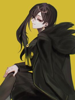 1girl binah_(project_moon) black_coat black_hair black_skirt closed_mouth coat earrings fur-trimmed_coat fur_trim highres jacket jacket_on_shoulders jewelry library_of_ruina long_hair looking_at_viewer mole mole_under_eye project_moon sitting skirt smile solo tanakapppe yellow_background