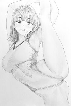 1girl absurdres armpits breasts cameltoe commentary_request covered_navel graphite_(medium) greyscale grin hands_up highres large_breasts lensia leotard light_blush looking_at_viewer medium_hair monochrome original partially_visible_vulva smile solo split spread_legs standing standing_on_one_leg standing_split traditional_media