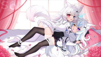 2girls ahoge all_fours animal_ear_fluff animal_ears ass bandaged_leg bandages bed black_panties black_skirt black_thighhighs blush daoyan feet flower from_side girl_on_top hair_ornament hairclip heterochromia highres holding_hands leg_between_thighs legs loli looking_at_viewer lying multiple_girls no_shoes on_back open_mouth original panties petals pillow pleated_skirt rose shirt skirt smile tail thighhighs thighs toes underwear white_panties white_shirt white_skirt white_thighhighs window wolf_ears wolf_girl wolf_tail yuri