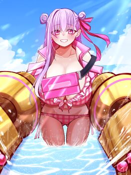Rule 34 | 1girl, absurdres, bare shoulders, beach, bikini, blue sky, blush, breasts, claw (weapon), cleavage, clothing cutout, commentary request, fate/grand order, fate (series), grin, hair ribbon, highres, huge breasts, jacket, long hair, long sleeves, looking at viewer, mcpc zamurai, navel, passionlip (fate), passionlip (swimsuit saber) (first ascension) (fate), pink bikini, pink eyes, pink jacket, pink ribbon, purple hair, ribbon, shoulder cutout, sky, smile, solo, swimsuit, thighs, very long hair, water, weapon