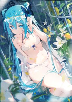 Rule 34 | 1girl, absurdres, aqua eyes, aqua hair, bikini, blush, breasts, butterfly hair ornament, eyewear on head, flower, front-tie bikini top, front-tie top, hair ornament, hatsune miku, highres, looking at viewer, multi-strapped bikini bottom, navel, off shoulder, open clothes, open shirt, outdoors, sitting, small breasts, smile, solo, swimsuit, tatsukisan, twintails, vocaloid, wading, white bikini