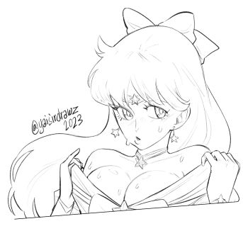 1girl bishoujo_senshi_sailor_moon bow breasts choker cleavage collar_tug commentary dated earrings english_commentary hair_bow highres jewelry long_hair medium_breasts monochrome sailor_senshi_uniform signature simple_background sketch solo star_(symbol) star_choker star_earrings sweat swept_bangs upper_body yaisirdrawz