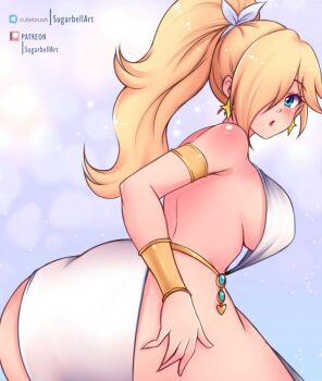 1girl armlet ass blonde_hair blue_background blue_eyes blue_gemstone blush bracelet breasts bubble_background dancer dress earrings from_behind gem hair_over_one_eye hair_ribbon harem_outfit heart jewelry large_breasts leaning_forward long_hair looking_at_viewer looking_back mario_(series) nintendo open_mouth ponytail ribbon rosalina side_slit sleeveless sleeveless_dress standing star_(symbol) star_earrings sugarbell super_mario_galaxy white_dress white_ribbon