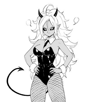 1girl android_21 bare_shoulders black_sclera breasts cleavage colored_sclera cowboy_shot demon_girl demon_tail dragon_ball dragon_ball_fighterz earrings fishnet_pantyhose fishnets ghouse_01 greyscale hands_in_pockets highres hoop_earrings horns jewelry leotard long_hair majin_android_21 medium_breasts monochrome necktie pantyhose pointy_ears solo strapless strapless_leotard tail