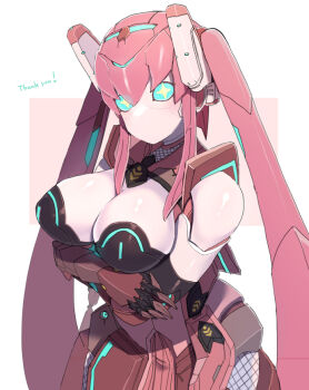1girl arms_under_breasts bare_shoulders blue_eyes breasts commentary_request cow hakidashi_11 large_breasts long_hair looking_at_viewer phantasy_star phantasy_star_online_2 pink_hair robot_girl solo thank_you twintails