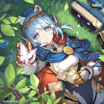 Rule 34 | 1girl, aino (genshin impact), android, blue butterfly, blue cape, blue eyes, blue hair, bug, butterfly, cape, commentary, english commentary, flins (genshin impact), genshin impact, grass, highres, ineffa (genshin impact), insect, jahoda (genshin impact), joints, leaf, long hair, looking at viewer, lying, mavuika (genshin impact), official art, on back, outdoors, parted lips, photo (object), reaching, reaching towards viewer, robot ears, robot girl, robot joints, solo