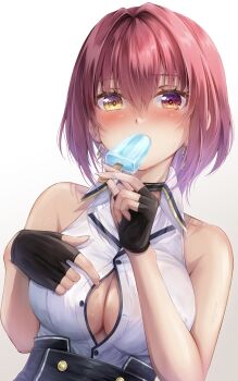 Rule 34 | 1girl, absurdres, baumku techen, black gloves, black skirt, blush, breasts, cleavage, collared shirt, earrings, fingerless gloves, food, gloves, gold earrings, heterochromia, high-waist skirt, highres, holding, holding food, holding popsicle, hololive, houshou marine, houshou marine (businesswoman), jewelry, large breasts, looking at viewer, official alternate costume, partially unbuttoned, popsicle, red eyes, red hair, shirt, short hair, skirt, solo, sweat, triangle earrings, unbuttoned, unbuttoned shirt, virtual youtuber, white background, white shirt, yellow eyes