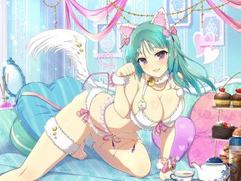 1girl animal_ears barefoot bashou_(senran_kagura) bell blush bow breasts cake cake_slice chain chocolate chocolate_cake cleavage cookie couch cup cupcake curtains cushion dessert drawing_(object) fake_animal_ears floral_print food fruit gem gold_chain green_hair hair_bow hair_ornament heart heart-shaped_pillow icing indoors jingle_bell large_breasts lingerie long_hair looking_at_viewer macaron macaron-shaped_pillow mirror muffin neck_bell official_art on_couch open_mouth paw_pose picture_frame pillow pink_bow plate purple_eyes purple_gemstone senran_kagura senran_kagura_new_link senran_kagura_new_wave smile solo strawberry sweets tea teacup teapot thigh_strap tiered_tray underwear wallpaper_(object) wrist_cuffs yaegashi_nan