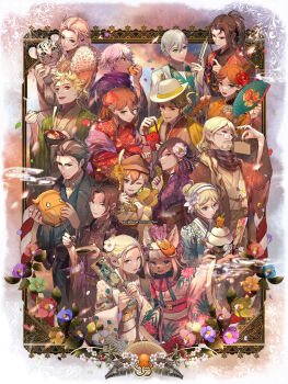 agnea_bristarni animal_ears black_flower black_hair blonde_hair blue_flower brown_hair castti_florenz character_request everyone facial_hair flower food fox_mask glasses green_flower grey_hair hair_flower hair_ornament hand_fan hat highres hikari_ku holding holding_paintbrush japanese_clothes kimono mask multiple_boys multiple_girls mustache obi ochette_(octopath_traveler) octopath_traveler octopath_traveler_ii octopuff_traveler_(octopath_traveler) octopus one_eye_closed open_mouth ophilia_(octopath_traveler) orange_flower osvald_v._vanstein paintbrush partitio_yellowil pink_flower purple_flower red_flower sash smile stuffed_animal stuffed_toy temenos_mistral throne_anguis tressa_(octopath_traveler) white_flower white_hair yellow_flower yuu_(arcadia)