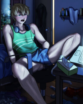 1boy anal bed bedroom blonde_hair bludwing body_hair bulge crotch digimon gooning headphones headphones_around_neck highres male_focus male_penetrated masturbation sitting socks solo tagme takaishi_takeru tissue tissue_box underwear