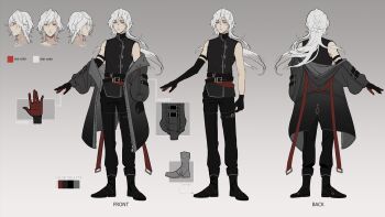 1boy a_date_with_death alternate_costume arm_belt belt black_boots black_gloves black_leggings boots casper_(a_date_with_death) elbow_gloves gloves grey_jacket highres jacket jacket_partially_removed leggings long_hair looking_at_viewer male_focus multiple_belts multiple_views non-web_source official_art outstretched_arm red_eyes reference_sheet single_elbow_glove sleeveless sleeveless_turtleneck solo turtleneck variant_set white_hair