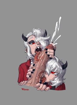 Rule 34 | 1boy, 2girls, absurdres, black gloves, black nails, black vest, cum, ear piercing, face piercing, fellatio, gloves, grey background, group sex, hair over one eye, half-closed eyes, helltaker, highres, malina (helltaker), mouth piercing, multiple girls, nose piercing, oral, piercing, red eyes, red shirt, saliva, saliva trail, sharp teeth, shirt, teeth, vest, vosmon, white hair, zdrada (helltaker)