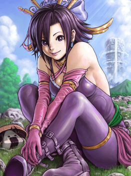 Rule 34 | 1girl, bare shoulders, boots, breasts, closed mouth, commentary request, corel painter (medium), crossed legs, day, elbow gloves, fuurai no shiren, gloves, grass, hair between eyes, hat, light smile, looking at viewer, medium breasts, mountainous horizon, on grass, oryuu, outdoors, purple eyes, purple hair, rock, sakkan, sandogasa, shiny clothes, sitting, skin tight, solo, sunlight, tree