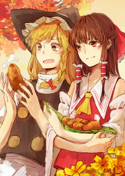 Rule 34 | 2girls, absurdres, apron, ascot, autumn leaves, bigreen, black hat, black skirt, black vest, blonde hair, bow, braid, brown eyes, brown hair, chinese commentary, commentary request, detached sleeves, food, frilled bow, frilled hair tubes, frills, hair bow, hair tubes, hakurei reimu, hat, highres, holding, holding food, kirisame marisa, leaf, long hair, multiple girls, open mouth, puffy short sleeves, puffy sleeves, red bow, red skirt, ribbon-trimmed sleeves, ribbon trim, roasted sweet potato, short sleeves, side braid, single braid, skirt, skirt set, smile, sweet potato, touhou, vest, waist apron, white apron, witch hat, yellow ascot