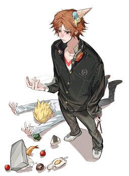 26duuuu 2boys arms_up black_pants black_shirt blonde_hair brown_eyes brown_hair chopsticks closed_mouth commentary faceplant food foreshortening fried_egg from_above full_body hanamura_yousuke hand_up headphones headphones_around_neck highres holding holding_chopsticks ice_cream ice_cream_cone ice_cream_cone_on_head kuma_(persona_4) long_sleeves lunchbox male_focus multiple_boys onigiri pants persona persona_4 school_uniform shirt shoes short_hair simple_background symbol-only_commentary tempura white_background white_shirt white_shoes yasogami_school_uniform