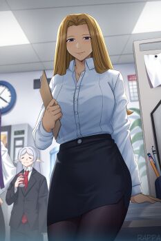3girls absurdres black_suit blonde_hair blue_eyes calendar_(object) clock elf fern fern_(sousou_no_frieren) formal_clothes frieren highres long_hair mature_female methode_(sousou_no_frieren) multiple_girls necktie office office_lady pen pencil pointy_ears purple_hair rappa_(sirrappa) red_necktie sousou_no_frieren suit tall_female twintails white_hair
