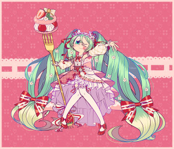 Rule 34 | > o, 1girl, absurdly long hair, absurdres, aqua eyes, corset, detached sleeves, dress, flower, food, food-themed hair ornament, fork, frilled thighhighs, frills, fruit, gingham clothes, gingham dress, gradient hair, green hair, hair flower, hair ornament, hatsune miku, highres, holding, holding fork, lolita fashion, long hair, looking at viewer, low-tied long hair, macaron, multicolored hair, musical note, musical note brooch, musical note print, ocado7, one eye closed, oversized fork, oversized object, polka dot footwear, red corset, ribbon, ribbon-trimmed hairband, smile, solo, strawberry, strawberry hair ornament, strawberry miku (morikura), sweet lolita, thighhighs, tongue, tongue out, treble clef, twintails, very long hair, vocaloid, white flower