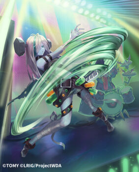 1girl bandaged_arm bandages bandaid bandaid_on_leg big_bang_(wixoss) black_shoes black_shorts blue_hair blue_skin closed_mouth colored_skin copyright_notice dqn_(dqnww) hair_over_one_eye instrument keyboard_(instrument) long_hair looking_at_viewer official_art purple_eyes shoes shorts solo stage stage_lights white_hair wixoss