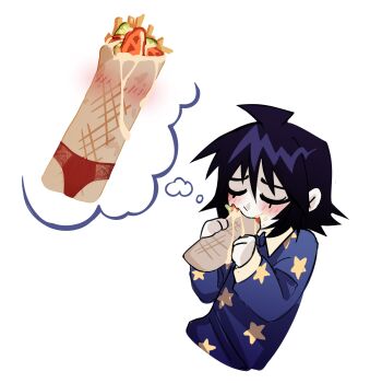 Rule 34 | 1boy, absurdres, blue hair, blue sweater, blush, closed eyes, doner kebab, eating, erhhho, food, french fries, highres, holding, holding food, lace, lace panties, lingerie, mayonnaise, original, panties, pickle, raised inner eyebrows, red panties, russian commentary, sauce, shirt, simple background, solo, speech bubble, star (symbol), sweater, thought bubble, tomato, tomato slice, underwear, vlad (erhhho), white background, white shirt