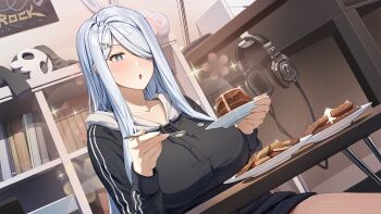 1girl black_jacket blue_eyes blush breasts food game_asset grey_hair hair_ornament hair_over_one_eye headphones highres holding holding_spoon indoors jacket large_breasts long_hair long_sidelocks long_sleeves non-web_source official_art open_mouth pudding s.u._(simpleu818) self-datamine shinonome_shizuku shorts sidelocks sitting skull_hair_ornament solo spoon summer_clover tray variant_set