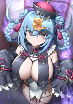+_+ 1girl absurdres astral_party backlighting blue_hair braid braided_hair_rings breast_curtains breasts cleavage commentary covered_navel criss-cross_strings cross-shaped_pupils detached_sleeves double_bun fish_skeleton_hair_ornament frilled_sleeves frills glint haiqing_(astral_party) hair_between_eyes hair_bun hair_ornament hair_rings hands_up highres hitodama indoors jiangshi_costume large_breasts light_particles long_hair long_sleeves looking_ahead official_alternate_costume ofuda ofuda_on_head open_mouth pelvic_curtain pink_hair sideboob silver_trim single_sleeve_past_fingers single_sleeve_past_wrist solo standing star_(symbol) symbol-shaped_pupils tassel tassel_hair_ornament thighs tile_floor tiles underboob wide_sleeves window yukki_(uuws4345)
