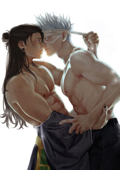 2boys abs absurdres bandages bandages_over_eyes belt biceps black_belt black_nails black_pants blue_eyes closed_mouth colored_eyelashes denim eye_contact from_side getou_suguru gojou_satoru hair_bun hair_pulled_back highres imminent_kiss jeans jujutsu_kaisen lips long_hair looking_at_another male_focus multiple_boys nail_polish nipples pants pectorals piercing plug_(piercing) purple_eyes short_hair sideburns simple_background steeph_sd toned toned_male topless_male white_background white_eyelashes white_hair yaoi