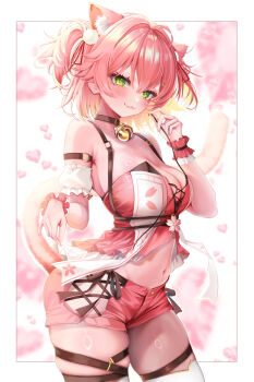 animal_ears breasts cat_ears cat_tail floral_print green_eyes hololive iam_ciikawa looking_at_viewer midriff navel pink_hair sakura_miko tail thigh_strap thighs virtual_youtuber