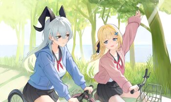 2girls absurdres alternate_costume arm_up bicycle black_horns black_sailor_collar black_skirt blue_eyes blue_jacket breasts cardigan closed_mouth commentary_request curled_horns day grey_hair hair_between_eyes hair_ornament highres hood hood_down hooded_jacket horns jacket korean_commentary large_breasts long_hair long_sleeves looking_at_another multiple_girls myumyu431 neckerchief outdoors partially_unzipped phoebe_(wuthering_waves) pink_cardigan red_eyes red_neckerchief sailor_collar school_uniform skirt smile wuthering_waves x_hair_ornament zani_(wuthering_waves)