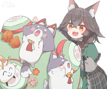 1girl :3 animal_ear_fluff animal_ears bell black_hair braid commentary_request dot_nose fang flower frills hair_between_eyes highres hololive long_hair long_sleeves mia960 miofa_(ookami_mio) multicolored_hair official_alternate_costume ookami_mio ookami_mio_(8th_costume) open_mouth orange_eyes red_hair simple_background skin_fang wolf_ears wolf_girl