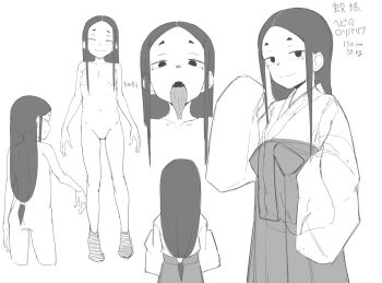 1girl absurdres reference_sheet closed_eyes cropped_legs fangs female_focus forked_tongue full_body greyscale high-waist_skirt highres hikimayu japanese_clothes loli long_hair long_tongue looking_at_viewer low-tied_long_hair miko monochrome navel nude original parted_hair skirt smile solo standing tongue tongue_out wide_sleeves zettai_yarumoni