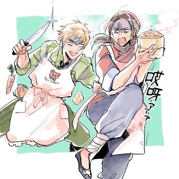2boys anger_vein animal_print apron aqua_background axis_powers_hetalia back_bow baggy_pants bamboo_steamer bandaged_leg bandages bear_print black_shoes blank_eyes blonde_hair blue_pants border bow brown_eyes brown_hair cabbage carrot changpao china_(hetalia) chinese_clothes collared_shirt commentary_request cowboy_shot fingernails floral_print frills green_pants green_shirt hands_up highres hiziki723 holding holding_bamboo_steamer holding_knife kitchen_knife knife long_hair long_sleeves looking_at_another low_ponytail male_focus mandarin_collar multiple_boys open_mouth outside_border pants pink_apron pink_bow plaid_clothes plaid_pants pocket pocket_watch ponytail red_shirt shirt shoes short_hair simple_background smile sparkle standing standing_on_one_leg steam sweat united_kingdom_(hetalia) v-shaped_eyebrows watch white_apron white_border