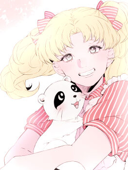 1girl blonde_hair bow character_request copyright_request grey_eyes grin hair_bow holding_hands puffy_short_sleeves puffy_sleeves short_sleeves smile solo striped_bow toco_(love-hmhm-tocotoco) twintails upper_body whiskers