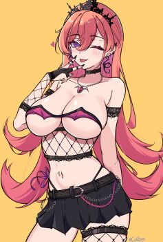 1girl absurdres bandeau coubalty fishnets highres phase_connect piercing pink_eyes pink_hair runie_ruse skirt virtual_youtuber